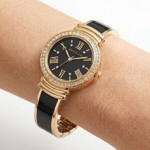 Anne Klein Watch Gold with Black Enamel and Swarovski Crystals